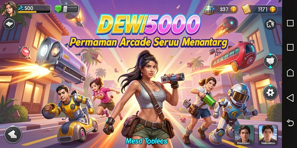 Tampilan gameplay DEWI5000 yang penuh aksi dan warna-warni.