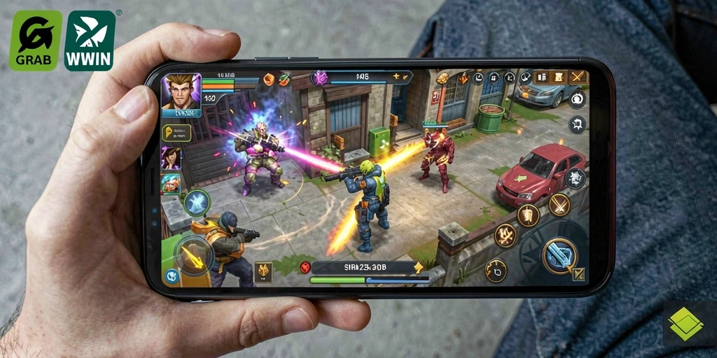 Tangkapan layar gameplay GRABWIN menampilkan pertempuran yang strategis dan seru.