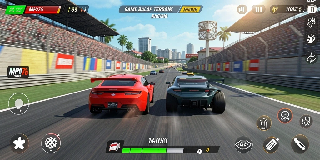 Screenshot gameplay MPO76 menampilkan aksi balap mendebarkan di trek yang menantang.
